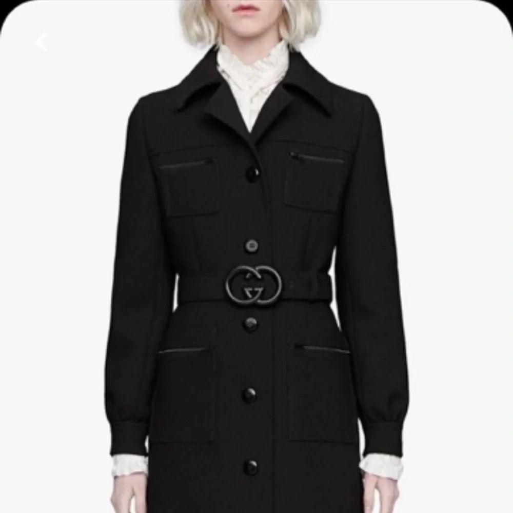 GUCCI black wool jacket large logo belt button down cuff long coat Luxury NWT - Picture 1 of 14